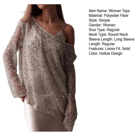 Women Tops Sparkling Sequin Detail Round Neck Long Sleeve Loose Fit Pullover Tops Office Vacation Party Wear