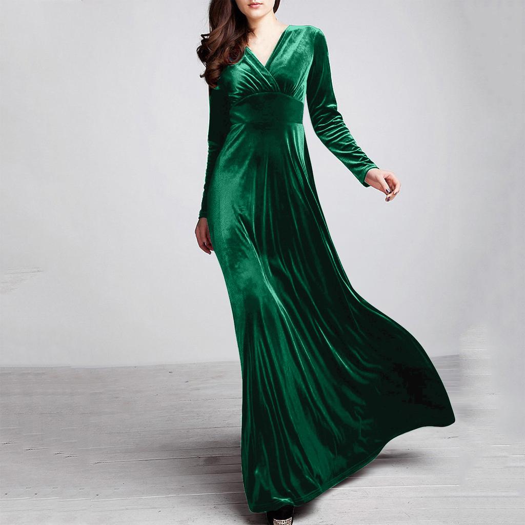 Women's And Winter Gold Velvet V-Neck Solid Color Long-Sleeved Party Dress