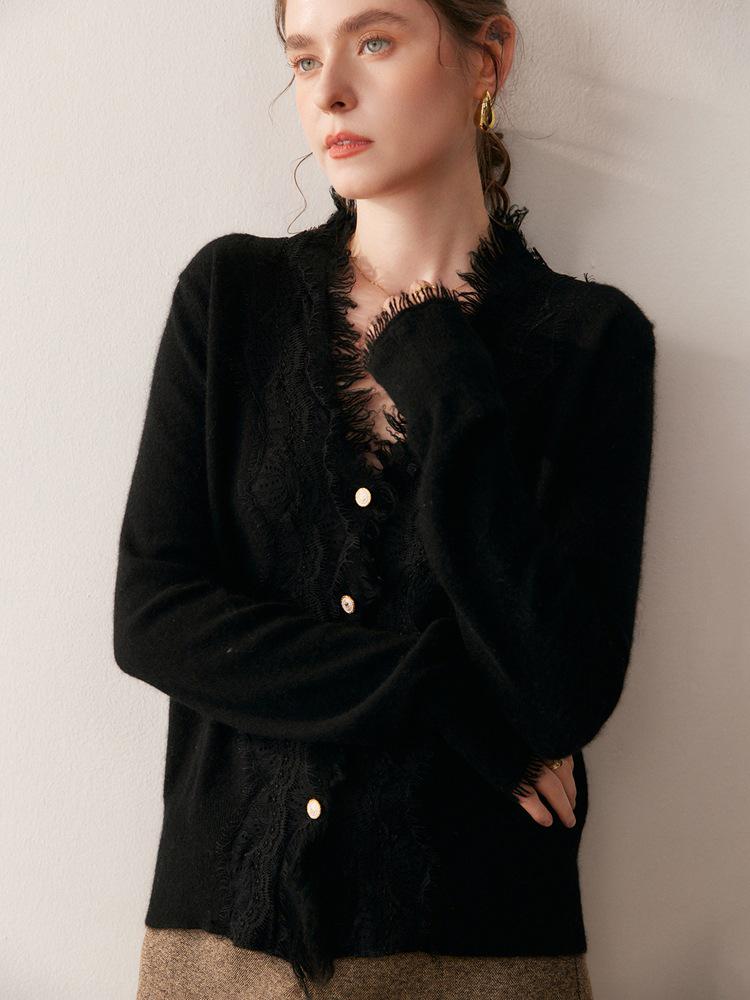 2025 Herbst/Winter Damen V-Ausschnitt Kaschmir Spitzen Strickjacke