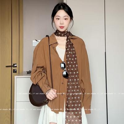 Korean Temperament Brown Polka Dot Silk Scarf Popular Thin Neck Scarf Long Streamer Neck Accessories Scarf