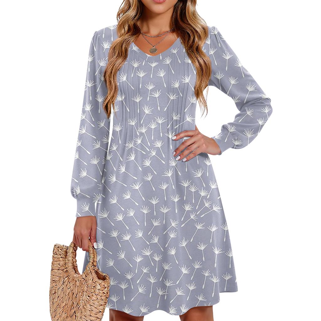 Ladies' Printed Casual And Fashionable V-neck Long Sleeved Mid Length Dress