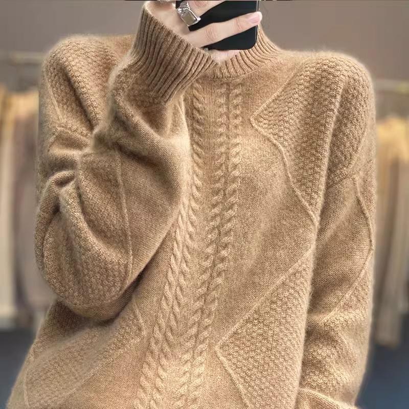Women's Cashmere Clothing Solid Color Woven Casual Tops Female Fall Winter Sweaters Pure Wool Half-neck Pullover Jumpers