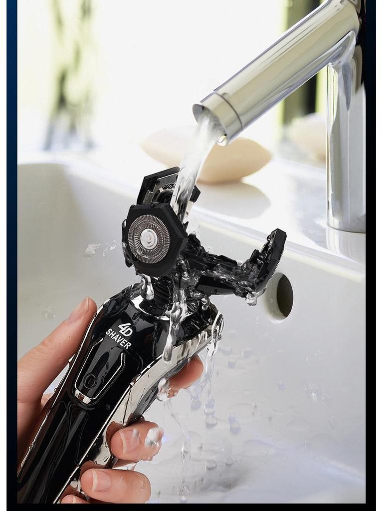 Rechargeable Waterproof Three-Blade Electric Shaver with Digital Display