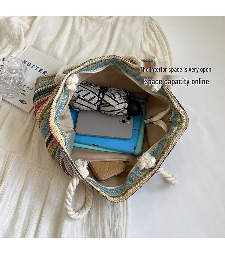 Korean Style Color Block Straw Braid Tote: Trendy Summer 2024 Women's Casual Shoulder Bag