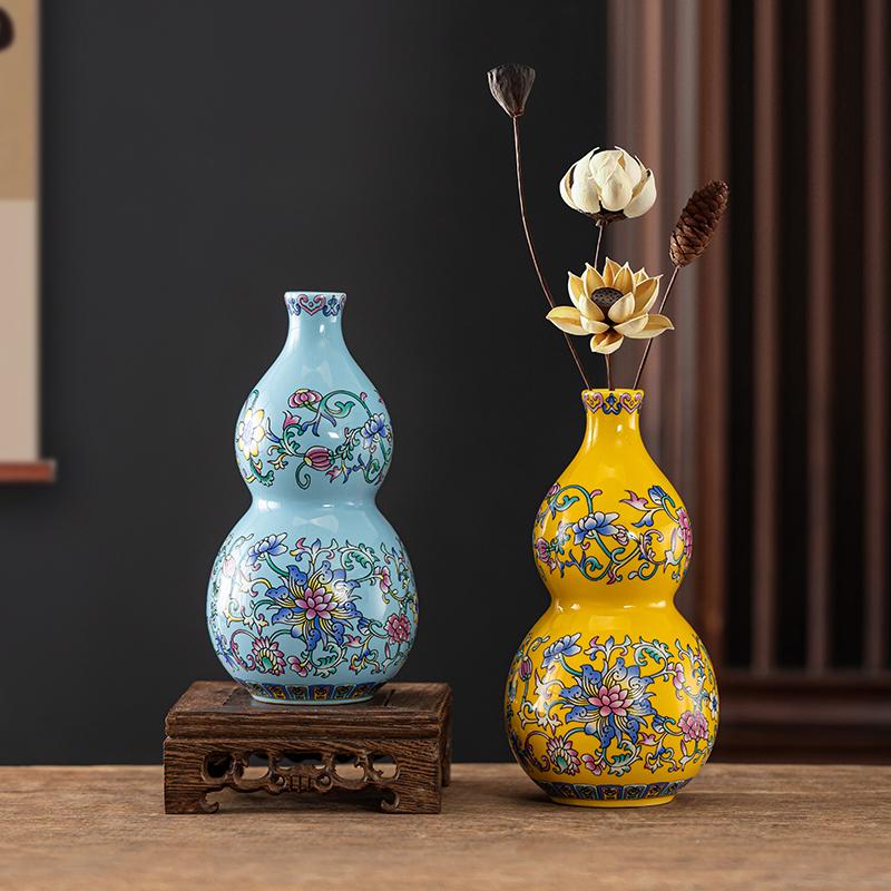 Chinese style enamel gourd ceramic vase, living room decoration, flower vase, desktop decoration vase