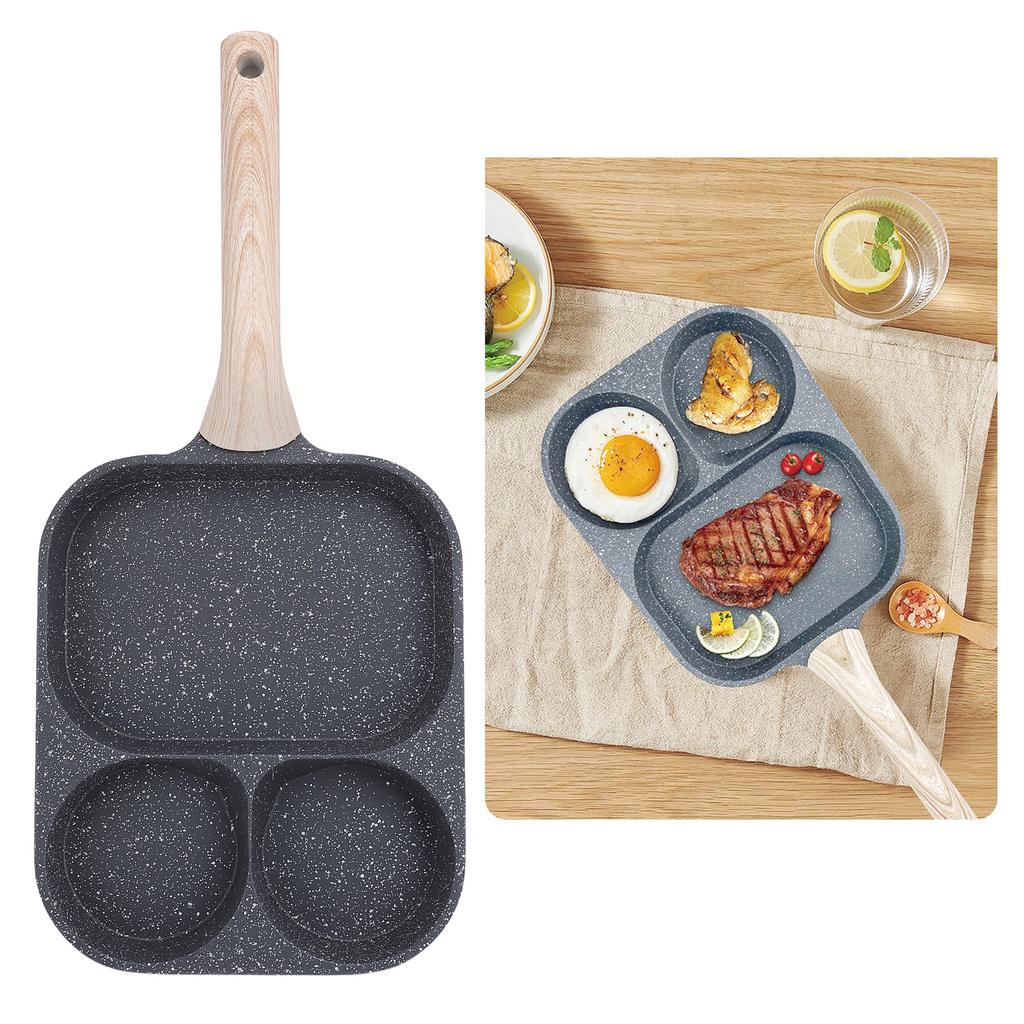 Egg Frying Pan 3 Section Stick Proof Flat Bottom Breakfast Cooking Pan with Heat Resistant Handle for Steak Omelette Black