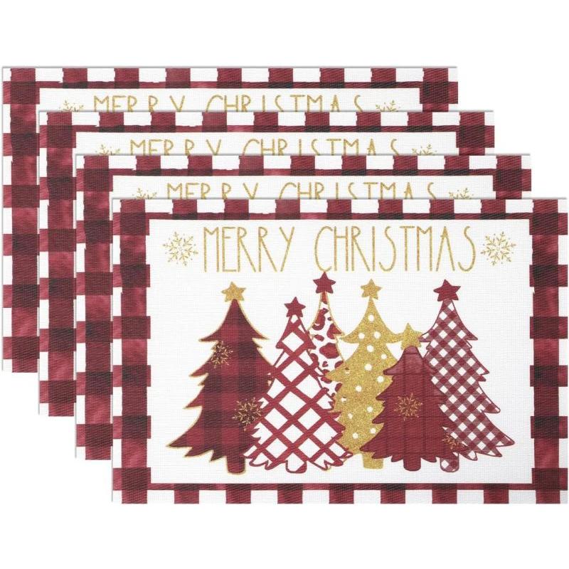 1PC Waterclor Buffalo Plaid Christmas Trees Placemats Non-Slip Winter Table Mats for Outdoor Indoor Party Kitchen Dining Decor