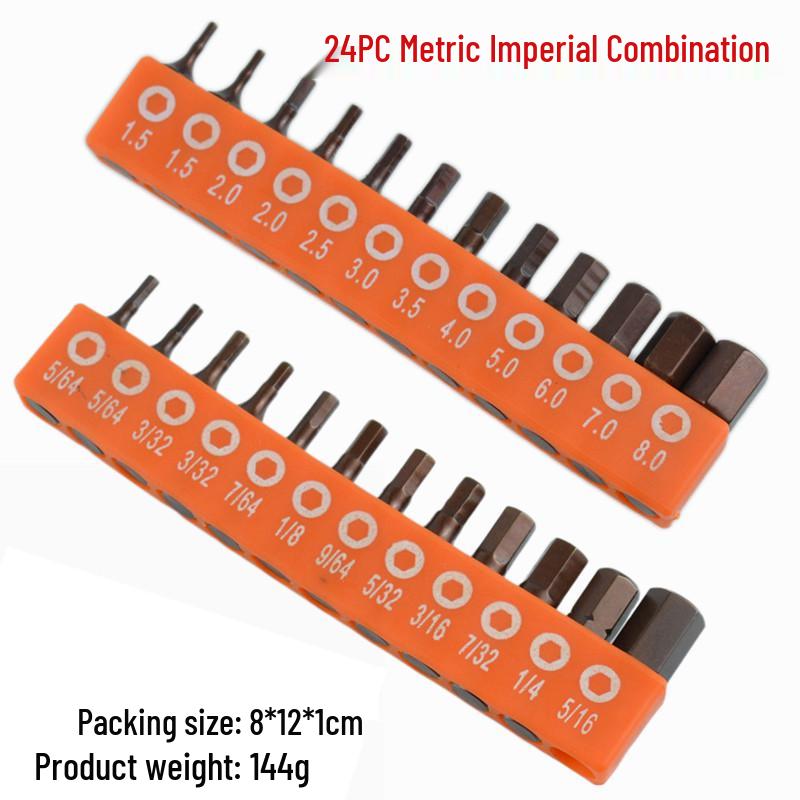 24-Piece S2 Alloy Steel Hex Bit Set with 25mm Red-Tipped Electric Screwdriver Bits and Storage Strip