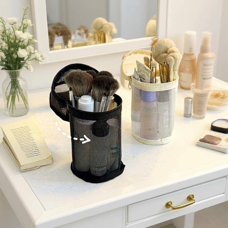 Portable Brush Case Simple Large Capacity Brush Bucket Holder Mesh Dual-use Makeup Brush Storage Bag Travel Stand-up Pouch