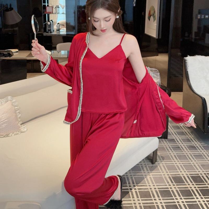 Bahar-Yaz İçin Askılı Üst, Uzun Kollu ve Pantolonlu Kore Tarzı Buz İpeği Kadın Üç Parçalı Pijama Takımı