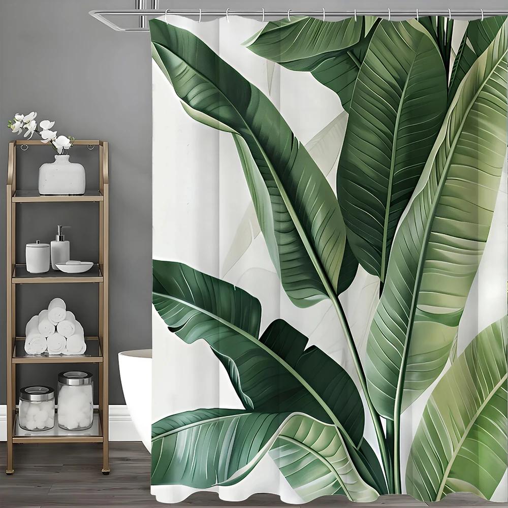 Tropical Banana Leaf Shower Curtain, Bathroom Decorative Shower Curtain, Waterproof Shower Curtain with Hooks
