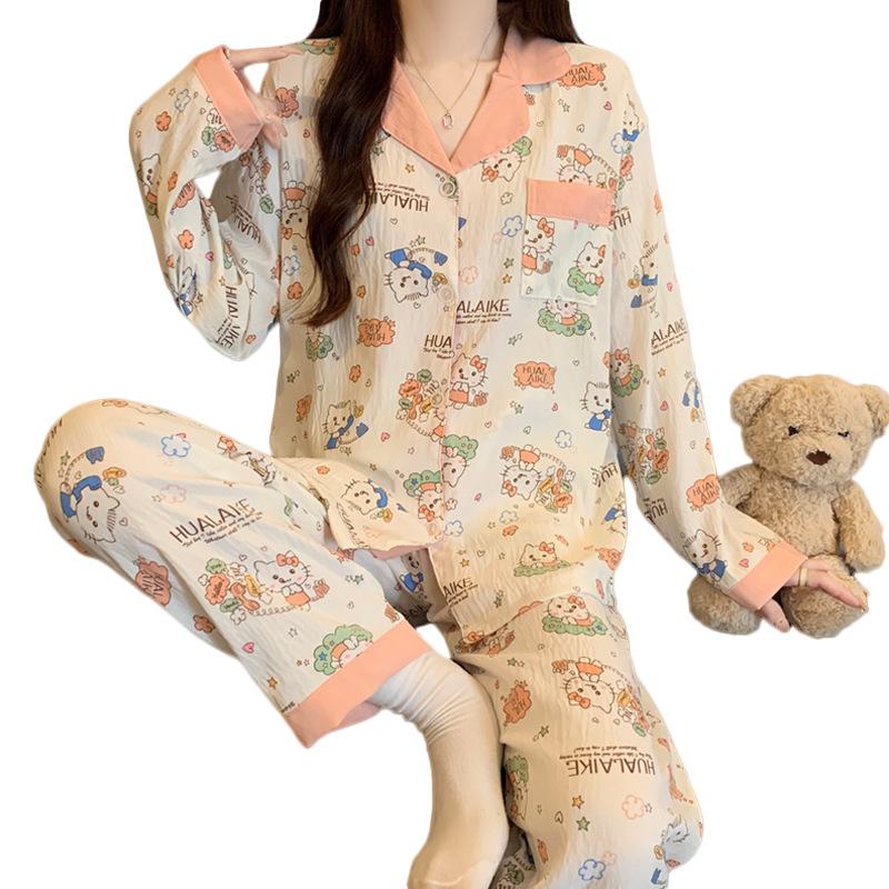 Cartoon Cat Pajamas Women'S Autumn Cloud Cotton Long-Sleeved Cardigan Cute Girl Can Wear Loungewear Suit