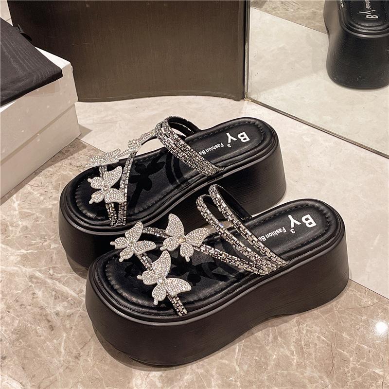 

Ежедневные универсальные дизайнерские шлепанцы с толстой подошвой и стразами, летние новые шлепанцы с бабочками 39 чёрный