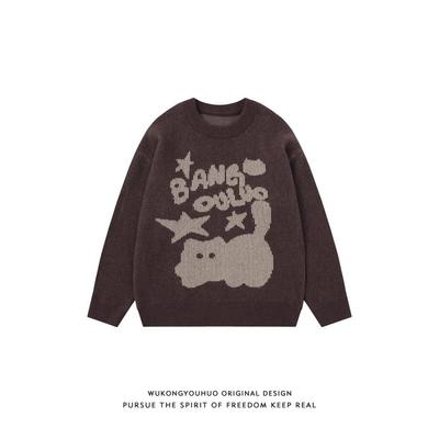 Cartoon Cat Jacquard Crew Neck Sweater Loose Fit Vintage Knit Top Couples Winter