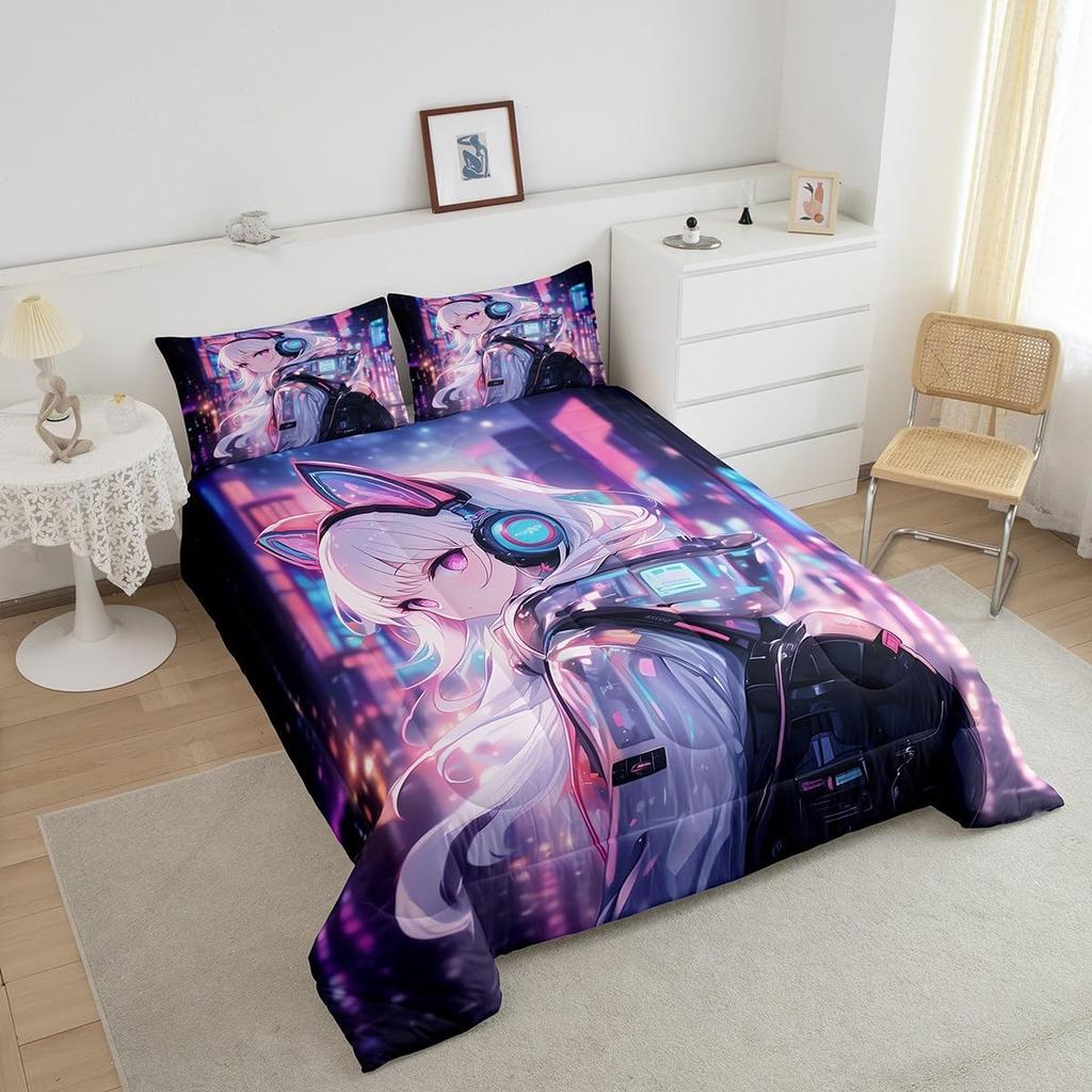 Comforter Japanese Girl Bedding Set Girly Anime Twin For Kidssci Fi Style Gaming Room Decor 3D Cartoon Anime Girl +2