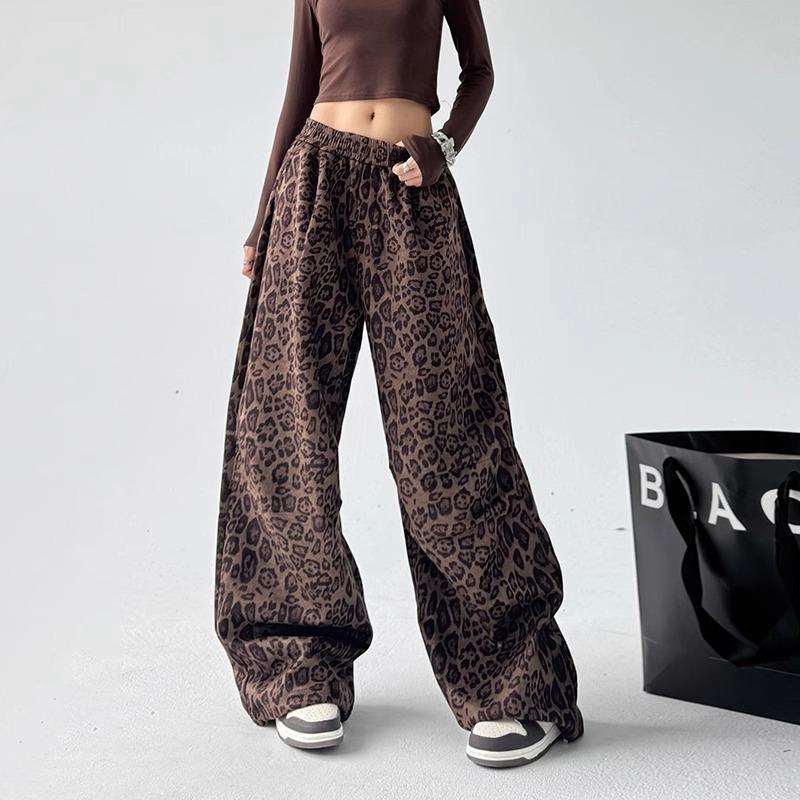 GMXIA Podzim Zima Leopardí Vzor Ležérní Kalhoty Dámské Elastický Vysoký Pas Stahovací Šňůrka Volné Zeštíhlující Široké Nohavice Dlouhé Kalhoty