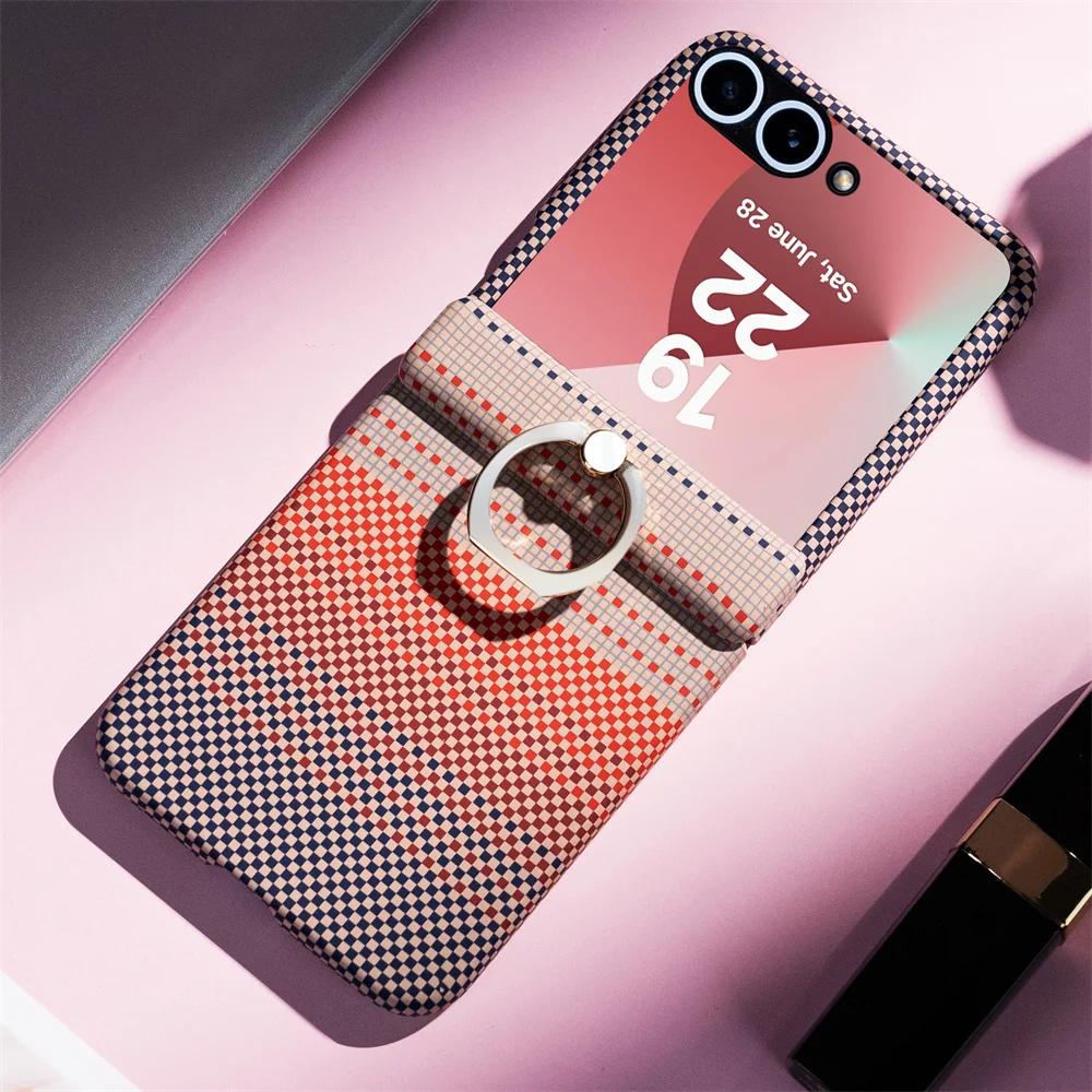 

With Film Carbon Fiber Leather Phone Case for Samsung Galaxy Z Flip 7 6 5 Flip7 FE Ring Stand for Magsafe Magnetic Back Cover Galaxy Z Flip6