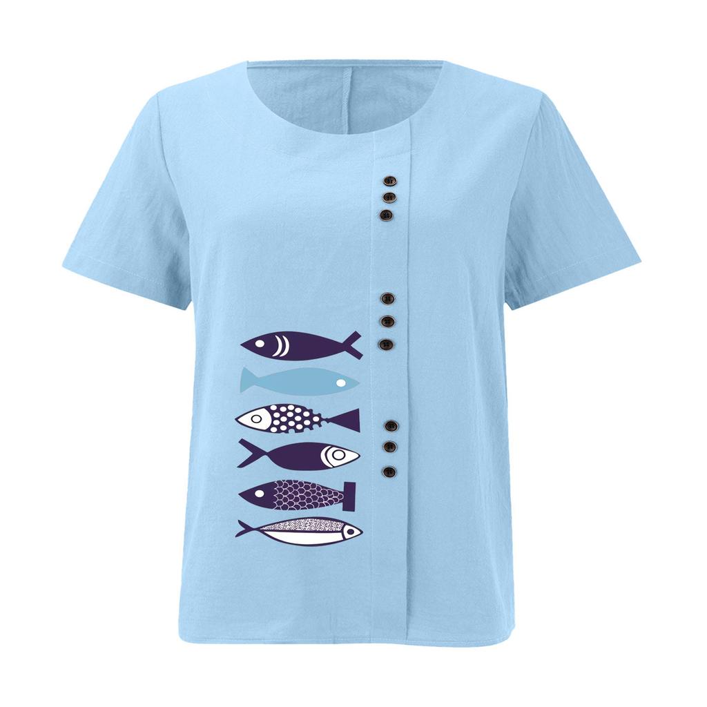 T-shirt Estiva Oversize in Cotone e Lino a Maniche Corte, Abbigliamento Donna Oversize Stampato in Cotone e Lino