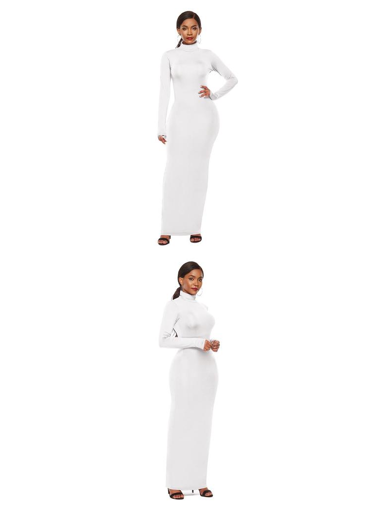 Elastic High-Neck Long-Sleeve Maxi Dress