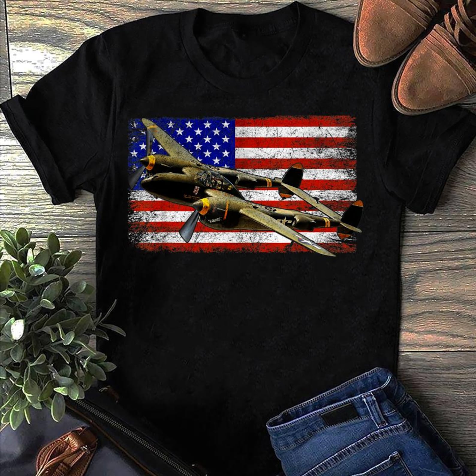 P38 Lightning Wwii Airplane Vintage Flag Airplane T-Shirt, Aviation Shirt, Funny PiloT-Shirt, Airline Pilot S