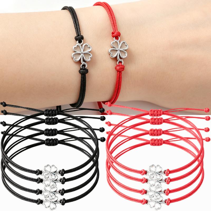 10 pièces 2026 Bracelets Trèfle à Quatre Feuilles pour Femmes Hommes Réglable Fait Main Corde Rouge Porte-Bonheur Couple Amitié Bijoux Accessoires