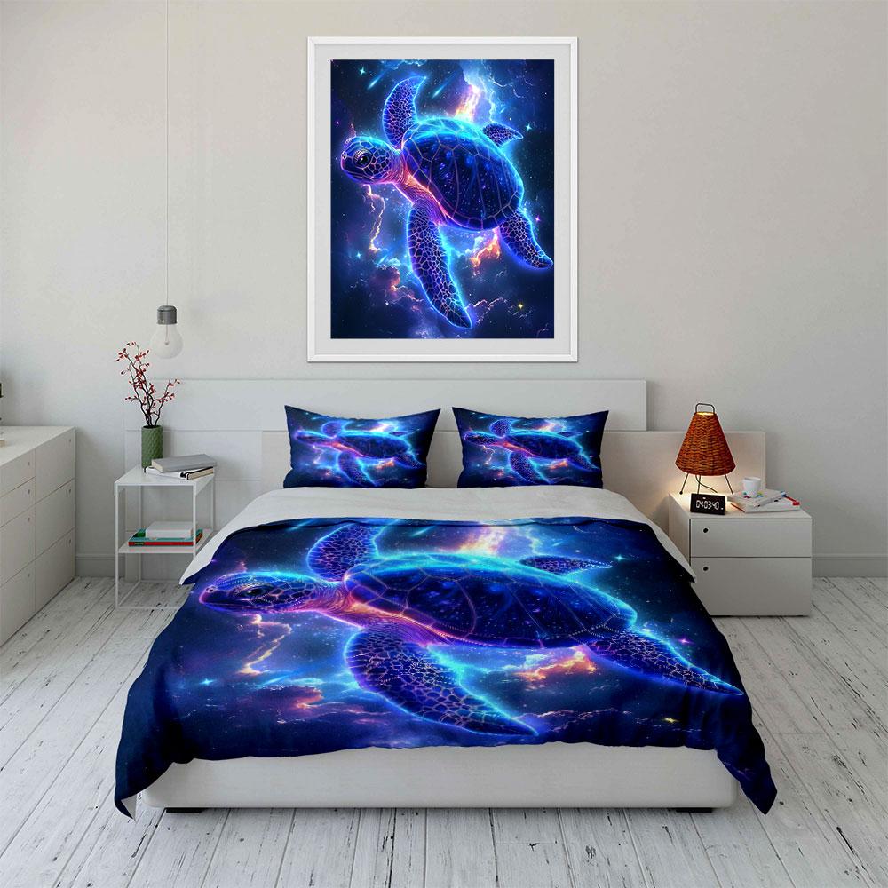 Neon Cosmic Sea Turtle Dream Print Bedding Set 1 Duvet Cover 2 Pillowcases for Adult and Children Luxury Gift Full Size