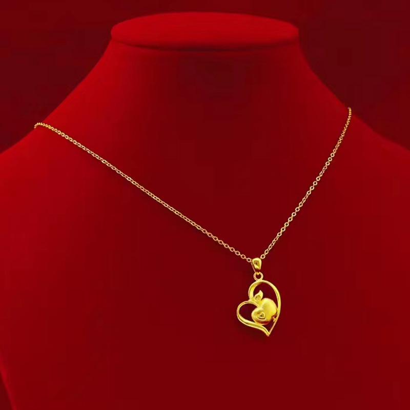 Japanese & Korean Style Heart Necklace: Sand Gold-Plated Copper with Apple Design for Women
