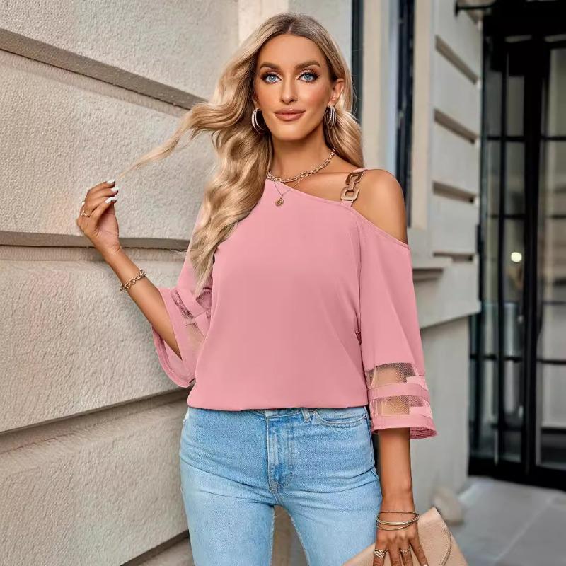 Spring Summer Blouses Women's Slanted Neck Shirt with Loose Five Quarter Sleeves Fashion Casual Solid Color Metal Buckle Single Shoulder Top Women