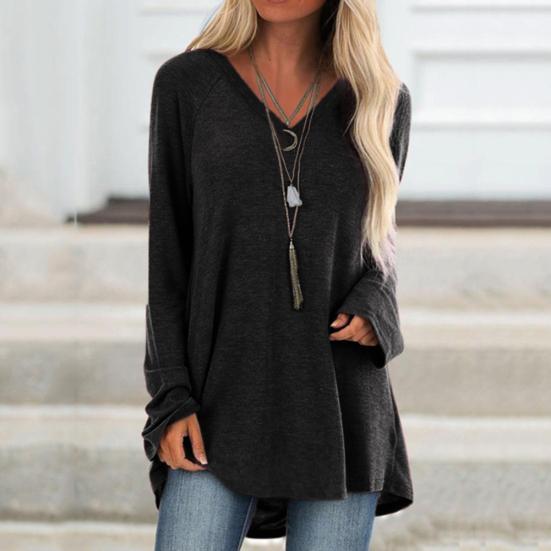 Taglie Forti Donna Tinta Unita Manica Lunga Scollo a V Pullover Largo Midi Camicetta Top