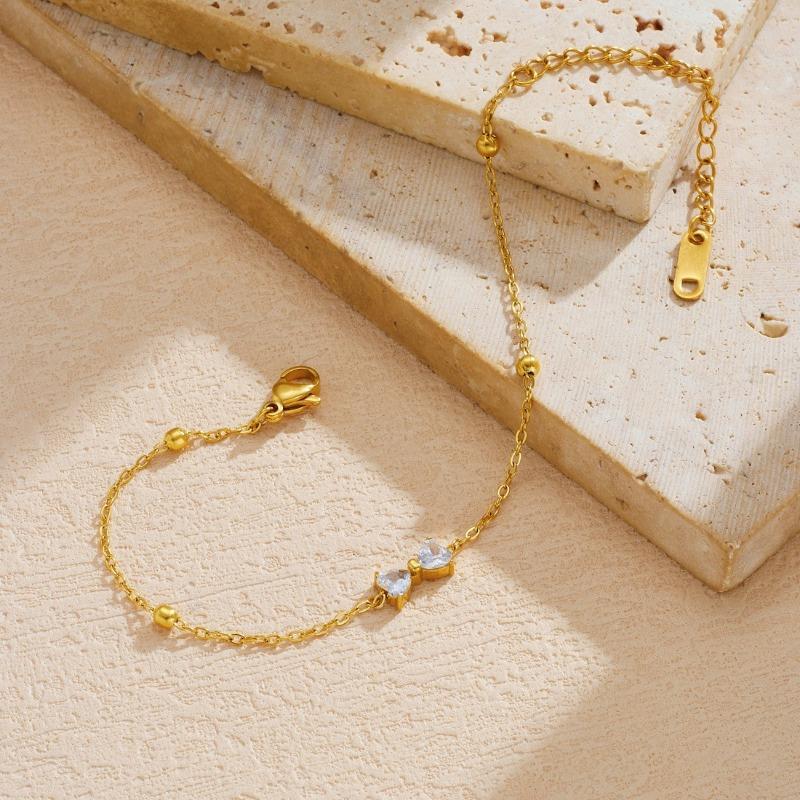 Gold Plated Bow CZ Beaded Bracelet, Dainty Butterfly Bow Charm Link Chain with Clear Zircon, Cute Everyday Jewelry for Women Gift
