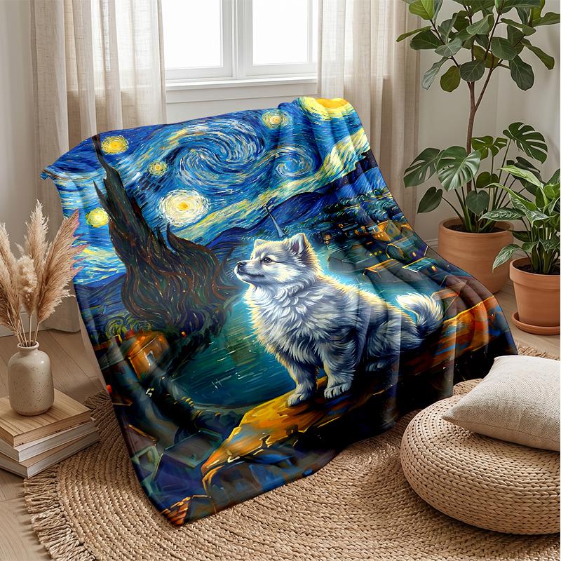 Starry Night with Wolf Theme Blanket Lightweight Warm Flannel Blanket Decorative Throw Blanket for Home Decoration