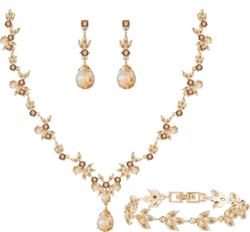 Luxury Crystal Water Drop Bridal Wedding Dress Set Necklace Earrings Bracelet Three-Piece Set