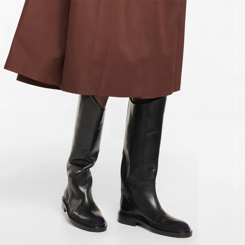 Classics Women Autumn Winter Knee High Boots For Woman's Round Toe Slip-On Flats Square Heels Knight Botas Mujer Leather Boots