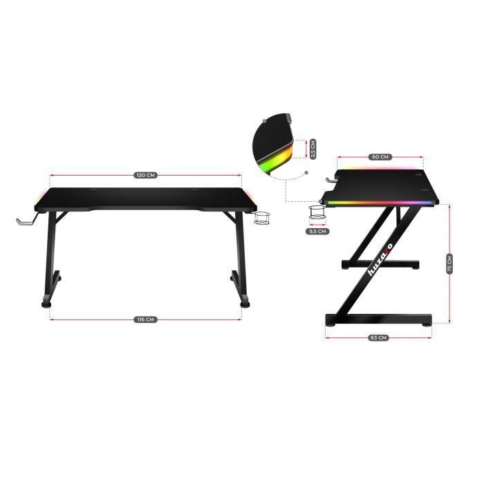 Bureau Gaming HUZARO HERO 2.5 LED RVB, 120x60x75cm Panier À Boissons, Crochet Casque, Bureau PC, Informatique, Pc Gaming