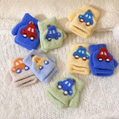 2025 New Children's Gloves Autumn and Winter Flip Baby Cute Cartoon Car Finger Gloves Students Cold