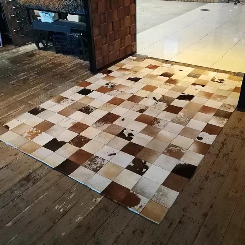 Retro American-Style Cowhide Carpet: High-Grade Leather Floor Mat for Living Room and Bedroom, Light Luxury, Soft, and Trendy Design.