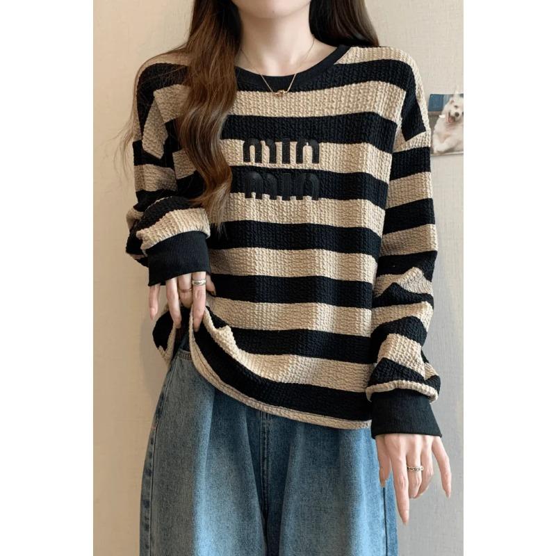 

Woodpecker Fashion Top Contrast Color Women s Striped Sweatshirt Slim Spring Autumn Letter Long Sleeve Small Loose Popular Style 4XL