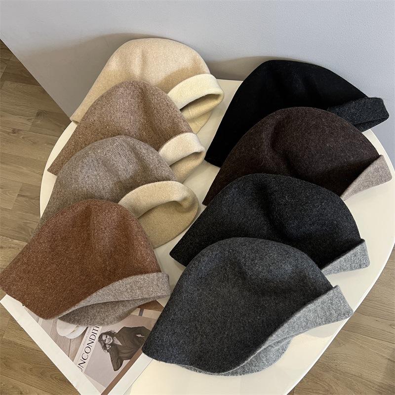 Double-sided knitted wool bucket hat women's autumn and winter new versatile face little fisherman hat