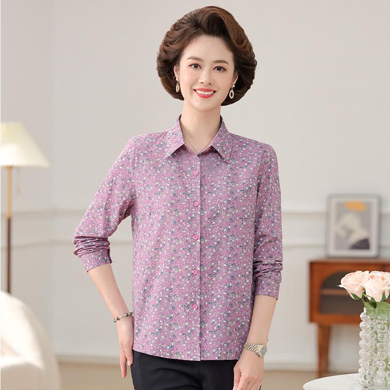 

Mom s Floral Cotton Long Sleeve Lapel Shirt - Spring/Summer Collection 2026 for Middle-Aged and Elderly Women 3XL (recommended 120-135 lbs) фиолетовый