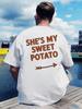 Funny Graphic T-shirt - "She's My Sweet Potato" Back Print Tee - Lightweight Black Shirt with Orange Lettering - Casual Summer Outfit for Dates