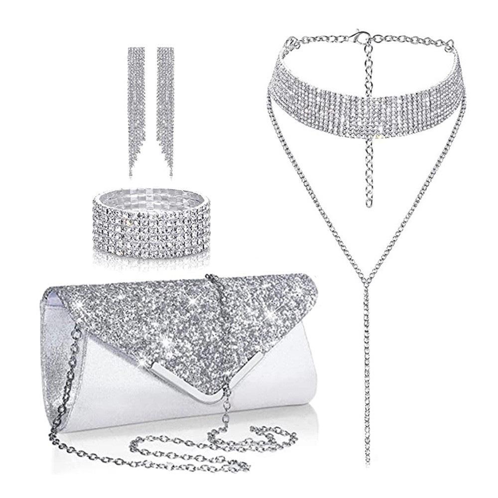 

Модный комплект, ожерелье, почва, ромбовидная ниша, геометрические серьги с кисточками, браслет, сумка для ужина, женский комплект из четырех предметов белый