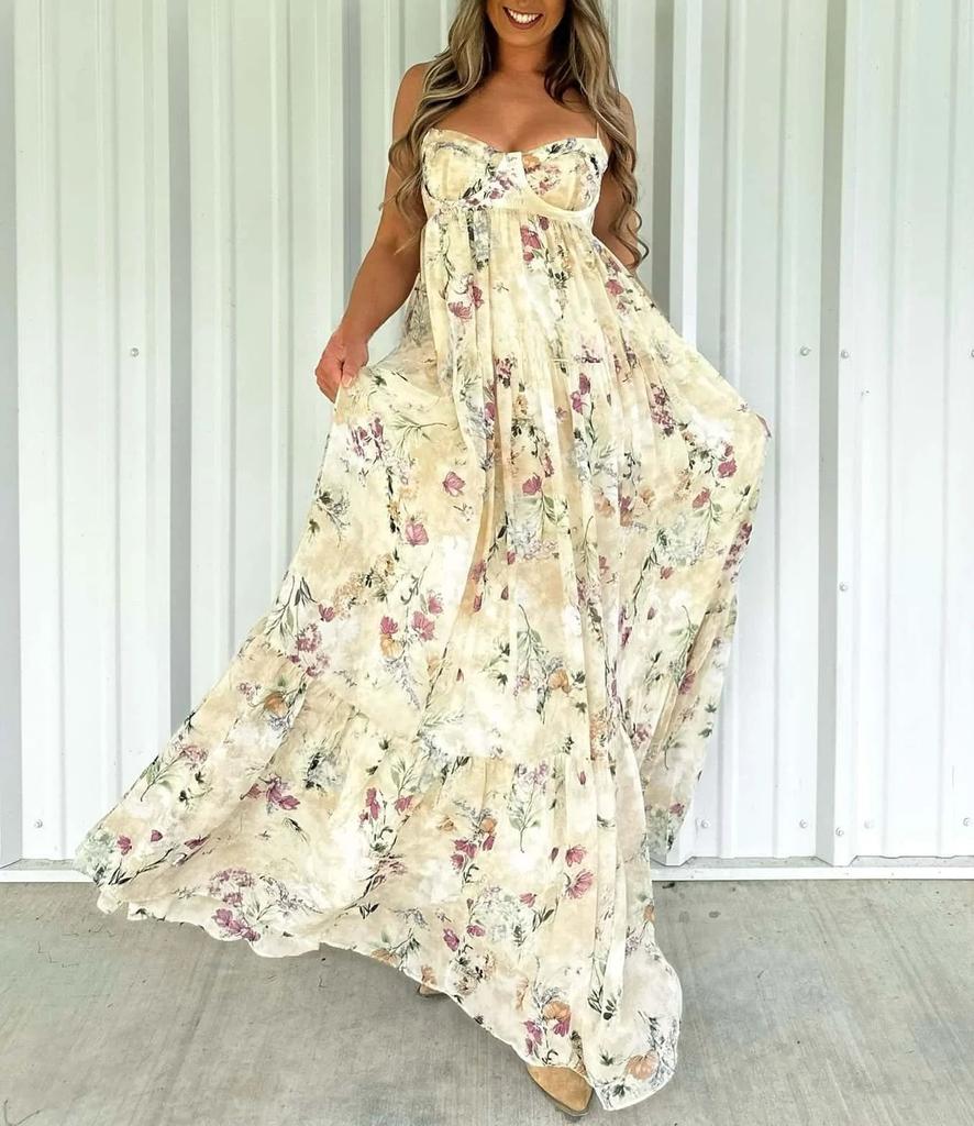 Sleeveless Floral Print Tiered Hem Maxi Dress
