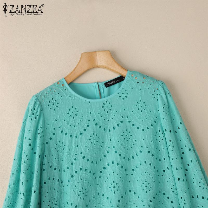 ZANZEA Women Casual Round Neck Long Sleeve Patchwork Lace Crochet Blouse