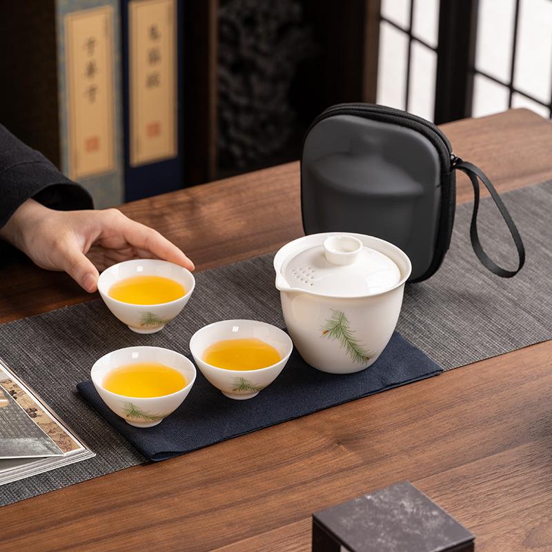 Suet jade porcelain high-end travel tea set, a pot of three cups, portable set, light luxury business commemorative holiday gifts