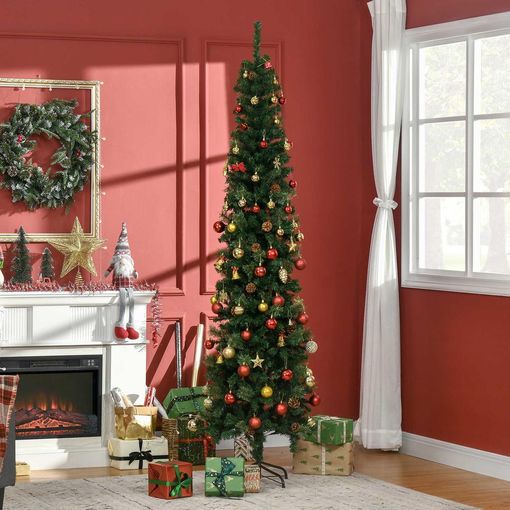Christmas Tree 225cm with 706 Branches, Narrow Pencil-Shaped Christmas Tree with 56 Pine Cones, Foldable Base, Green