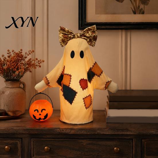 Farmhouse Style Fall Accents Lighted Vintage Patchwork Ghost, LED Light Ghost with Pumpkin Lantern Halloween Decor, Up Ghosts Lamp, Rustic Figurine