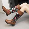 Retro Printed Flower Cowgirl Boots Women Shoes Woman Genuine Leather Mid-calf Boots Winter Bohemian Knight Botas Mujer