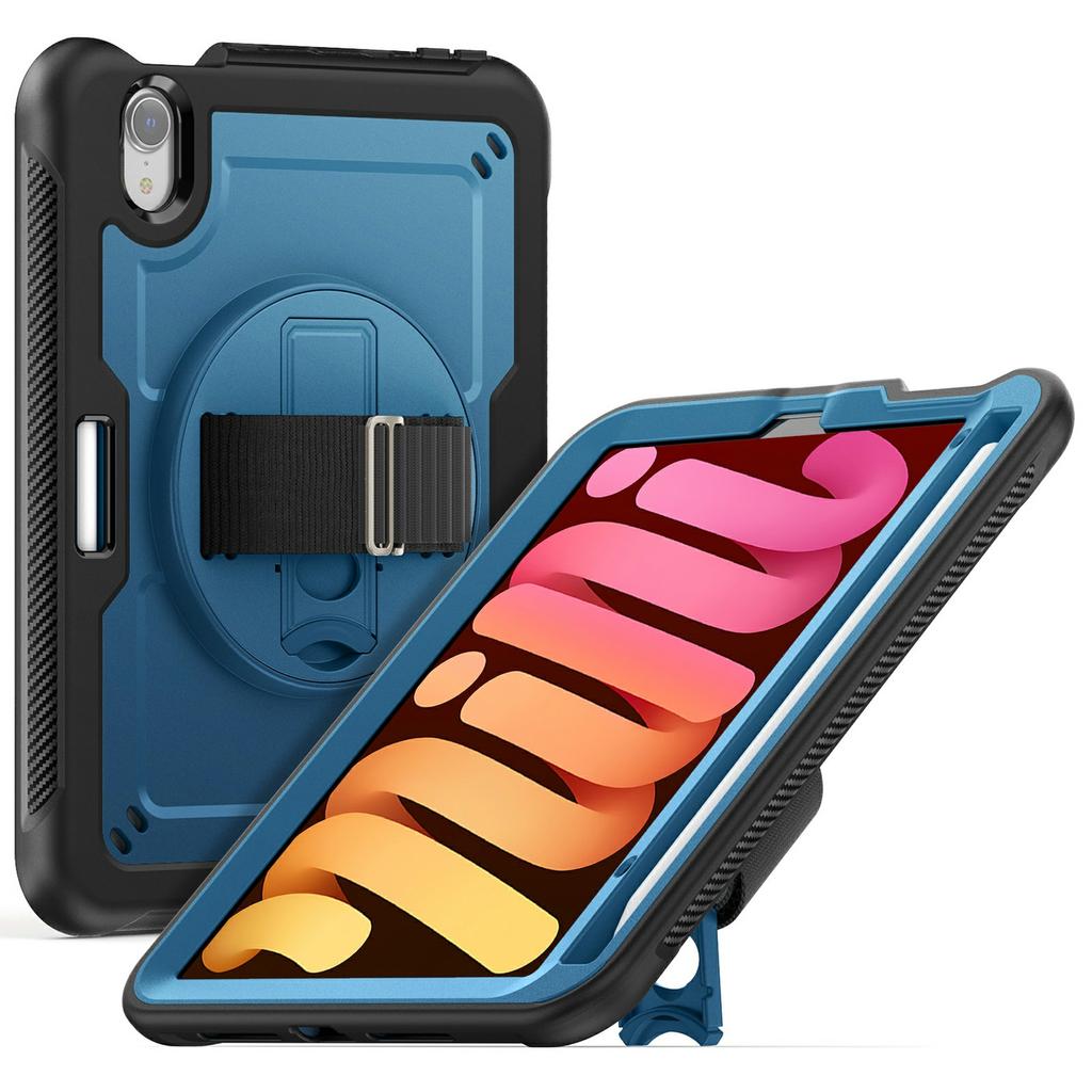 For iPad mini (2024)/(2021) Case Hand Band Kickstand PC + TPU Tablet Cover with Shoulder Strap and Pencil Holder