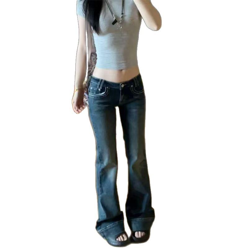 Jeans de Campana Retro Ajustados y Desgastados de Tiro Bajo para Mujer - Petites, Pierna Estrecha Versátil, Largo hasta el Suelo