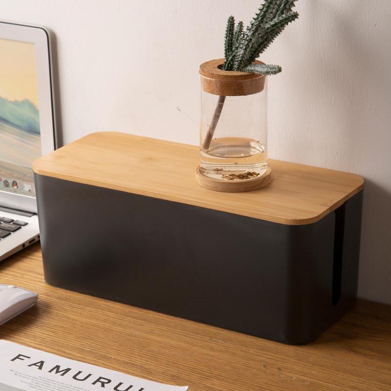 Wood Grain Desk Cable Organizer With Lid For Home Office And Bedroom Storage